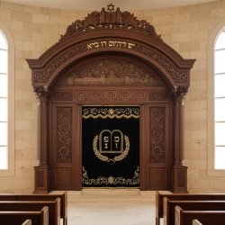 Magnificent Handcrafted Aron Kodesh: Premium Carved Hardwood Synagogue Ark with Golden Lion of Judah Embroidery.