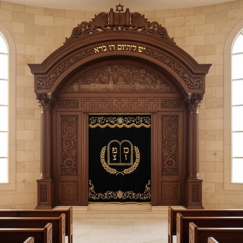 Magnificent Handcrafted Aron Kodesh: Premium Carved Hardwood Synagogue Ark with Golden Lion of Judah Embroidery.