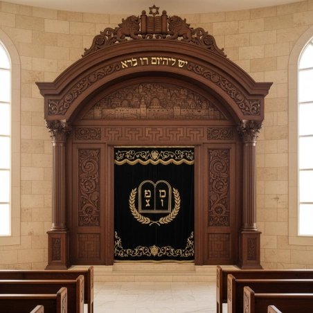 Magnificent Handcrafted Aron Kodesh: Premium Carved Hardwood Synagogue Ark with Golden Lion of Judah Embroidery.