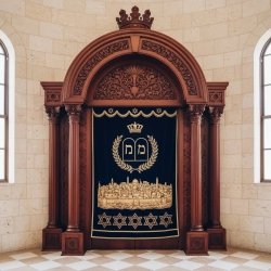Exquisite Aron Kodesh: Ornate carved wood Holy Ark with luxurious embroidered Parochet by leading furniture manufacturer.