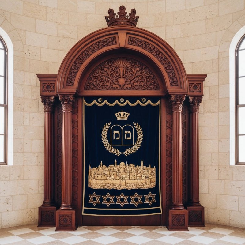 Exquisite Aron Kodesh: Ornate carved wood Holy Ark with luxurious embroidered Parochet by leading furniture manufacturer. Exquisite Aron Kodesh: Ornate carved wood Holy Ark with luxurious embroidered Parochet by leading furniture manufacturer.