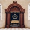 Exquisite Aron Kodesh: Ornate carved wood Holy Ark with luxurious embroidered Parochet by leading furniture manufacturer.