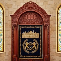 Artisan-crafted wooden Aron Kodesh for synagogues, featuring exquisite carvings and embroidered curtain.