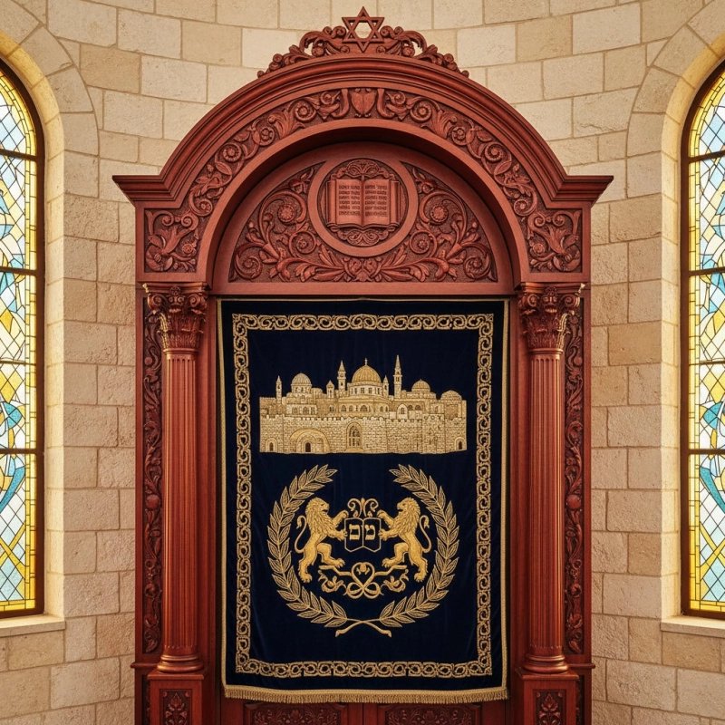 Artisan-crafted wooden Aron Kodesh for synagogues, featuring exquisite carvings and embroidered curtain.