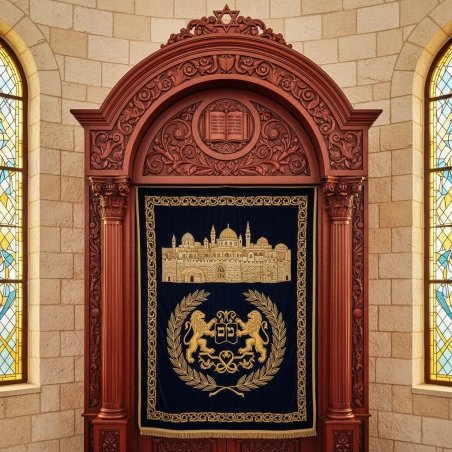 Artisan-crafted wooden Aron Kodesh for synagogues, featuring exquisite carvings and embroidered curtain.