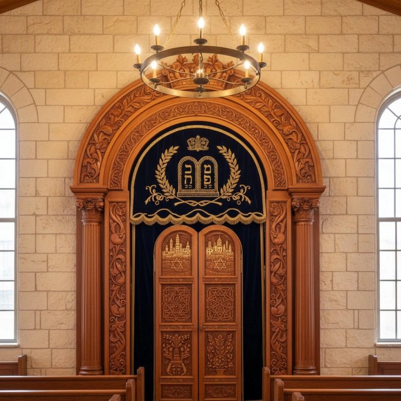 Exquisite Handcrafted Aron Kodesh: A Masterpiece of Sacred Synagogue Furniture by Our Premier Manufacturer. Exquisite Handcrafted Aron Kodesh: A Masterpiece of Sacred Synagogue Furniture by Our Premier Manufacturer.