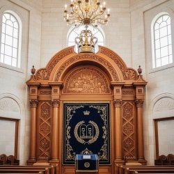 Masterfully hand-carved solid wood Aron Kodesh, embodying traditional synagogue elegance and manufacturing excellence.
