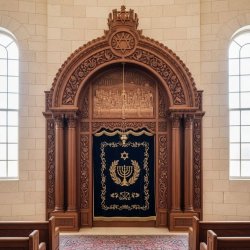 Magnificent Aron Kodesh: Hand-carved wood, blue velvet, Keter Torah crown. Premium synagogue furniture manufacturing.