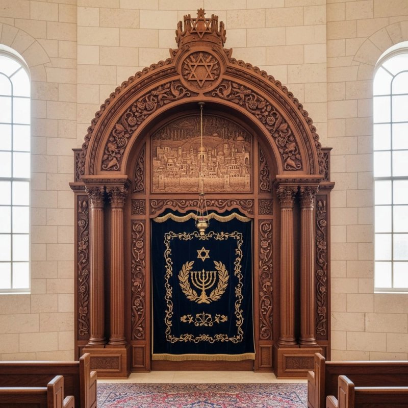 Magnificent Aron Kodesh: Hand-carved wood, blue velvet, Keter Torah crown. Premium synagogue furniture manufacturing.