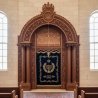 Magnificent Aron Kodesh: Hand-carved wood, blue velvet, Keter Torah crown. Premium synagogue furniture manufacturing.
