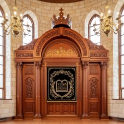 Exquisite Aron Kodesh: Ornate Carved Wood & Golden Embroidered Velvet for Synagogues