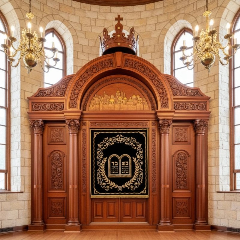 Exquisite Aron Kodesh: Ornate Carved Wood & Golden Embroidered Velvet for Synagogues Exquisite Aron Kodesh: Ornate Carved Wood & Golden Embroidered Velvet for Synagogues