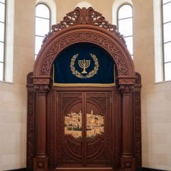 Stunning hand-carved Aron Kodesh, a masterpiece of synagogue furniture design and manufacturing quality.