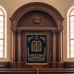 Stunning Aron Kodesh Holy Ark: Traditional Wood Carvings & Embroidered Parochet, Expertly Manufactured Synagogue Furniture.