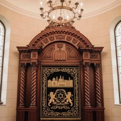 Elegant Aron Kodesh, Hand-Carved Wood & Embroidered Velvet, Synagogue Furniture.