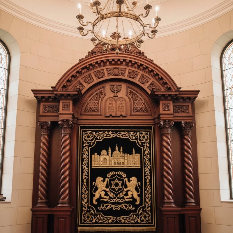 Elegant Aron Kodesh, Hand-Carved Wood & Embroidered Velvet, Synagogue Furniture. Elegant Aron Kodesh, Hand-Carved Wood & Embroidered Velvet, Synagogue Furniture.