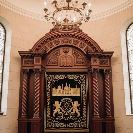 Elegant Aron Kodesh, Hand-Carved Wood & Embroidered Velvet, Synagogue Furniture.