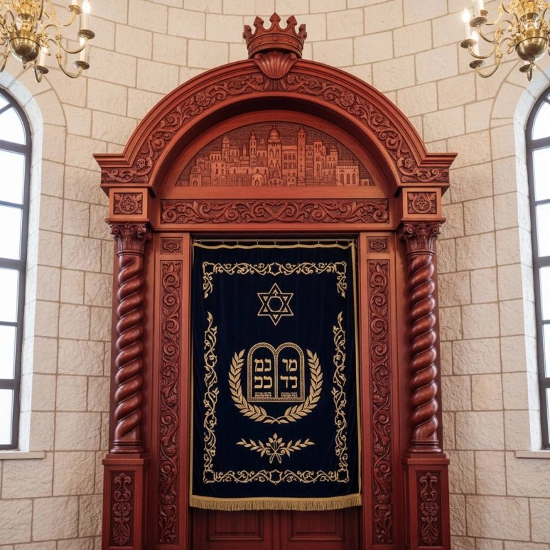 Premium Aron Kodesh: Handcrafted wood, deep blue velvet, golden lion embroidery. Exemplary manufacturing for synagogues. Premium Aron Kodesh: Handcrafted wood, deep blue velvet, golden lion embroidery. Exemplary manufacturing for synagogues.
