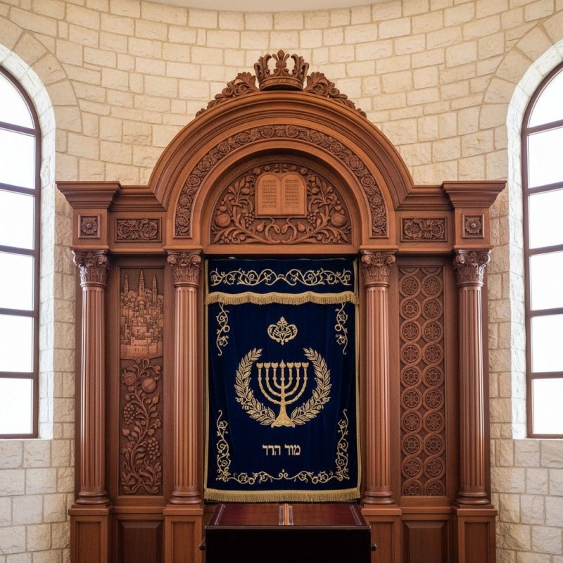 Exquisite Hand-Carved Aron Kodesh with Blue Velvet Parochet, a masterpiece of synagogue furniture by [Manufacturer Name].