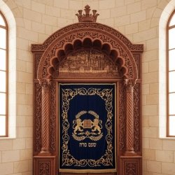 Premium handcrafted Aron Kodesh, solid wood synagogue furniture, royal blue velvet, gold embroidery, manufacturer quality.
