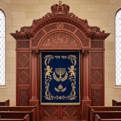 Handcrafted Solid Wood Aron Kodesh with Golden Embroidered Parochet | Synagogue Furniture Manufacturer