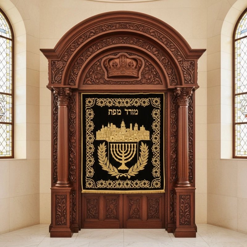 Exquisite hand-carved Aron Kodesh: premium synagogue furniture craftsmanship from a leading manufacturer and supplier.