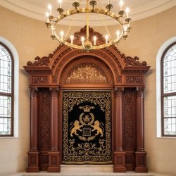 Magnificent Aron Kodesh: Handcrafted Carved Wood & Velvet Holy Ark for Synagogues by Premium Furniture Manufacturer.