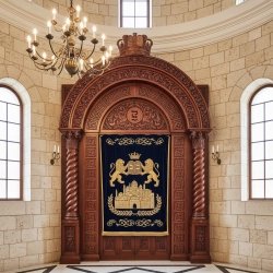 Magnificent Solid Wood Aron Kodesh | Handcrafted Synagogue Holy Ark with Velvet Parochet | Premier Jewish Furniture