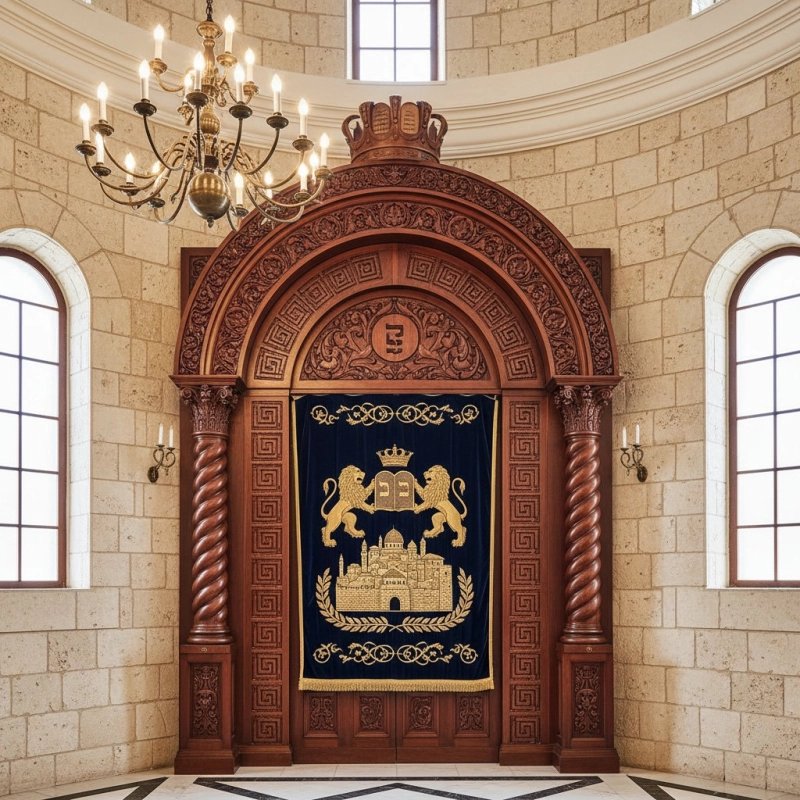 Magnificent Solid Wood Aron Kodesh | Handcrafted Synagogue Holy Ark with Velvet Parochet | Premier Jewish Furniture Magnificent Solid Wood Aron Kodesh | Handcrafted Synagogue Holy Ark with Velvet Parochet | Premier Jewish Furniture