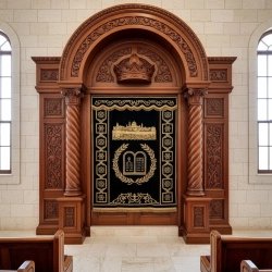Elegant Aron Kodesh with hand-carved wood and embroidered velvet, a symbol of premium synagogue furniture manufacturing.