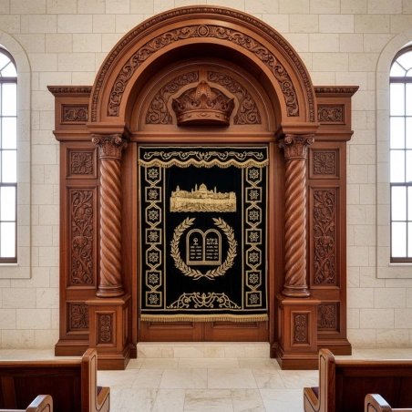 Elegant Aron Kodesh with hand-carved wood and embroidered velvet, a symbol of premium synagogue furniture manufacturing.