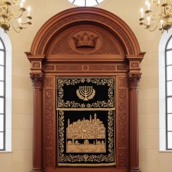 Magnificent hand-carved wooden Aron Kodesh with embroidered curtain, epitomizing premium synagogue furniture manufacturing.