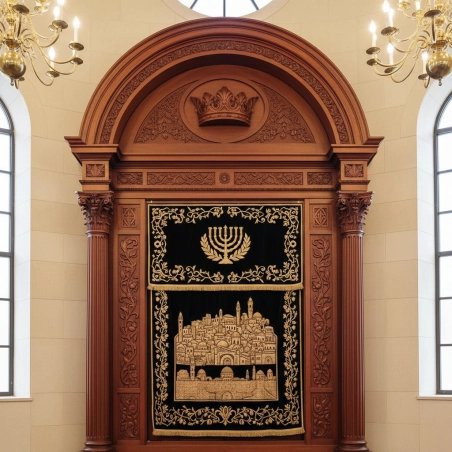 Magnificent hand-carved wooden Aron Kodesh with embroidered curtain, epitomizing premium synagogue furniture manufacturing.