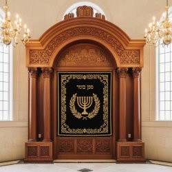 Ornate Hand-Carved Solid Wood Aron Kodesh with Velvet Menorah Curtain, Synagogue Furniture Manufacturer.