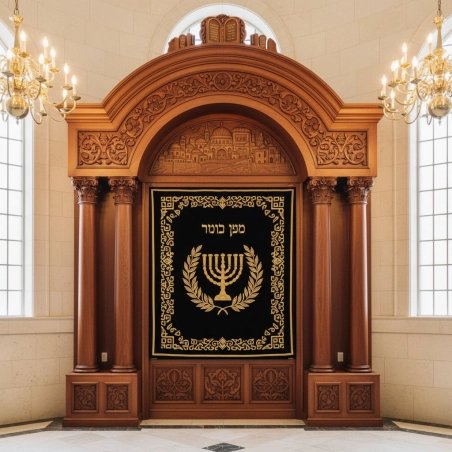 Ornate Hand-Carved Solid Wood Aron Kodesh with Velvet Menorah Curtain, Synagogue Furniture Manufacturer.