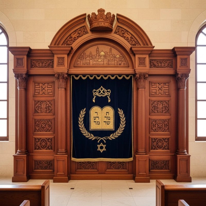 Grand Aron Kodesh: Exemplary Hand-Carved Hardwood and Velvet Embroidery for Distinguished Synagogue Sanctuaries. Grand Aron Kodesh: Exemplary Hand-Carved Hardwood and Velvet Embroidery for Distinguished Synagogue Sanctuaries.