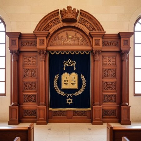 Grand Aron Kodesh: Exemplary Hand-Carved Hardwood and Velvet Embroidery for Distinguished Synagogue Sanctuaries.