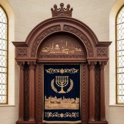 Magnificent Hand-Carved Hardwood Aron Kodesh with Embroidered Velvet Curtain for Synagogue.