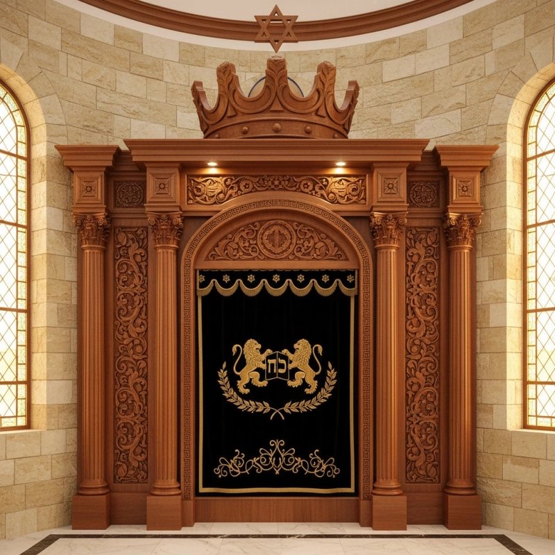 Hand-Carved Hardwood Aron Kodesh: Premier Synagogue Furniture by Leading Manufacturer. Hand-Carved Hardwood Aron Kodesh: Premier Synagogue Furniture by Leading Manufacturer.