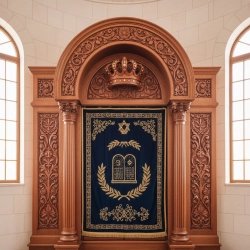 Premium Hardwood Aron Kodesh Synagogue Ark with Artisanal Carvings and Deep Blue Velvet Parochet for Sacred Spaces.