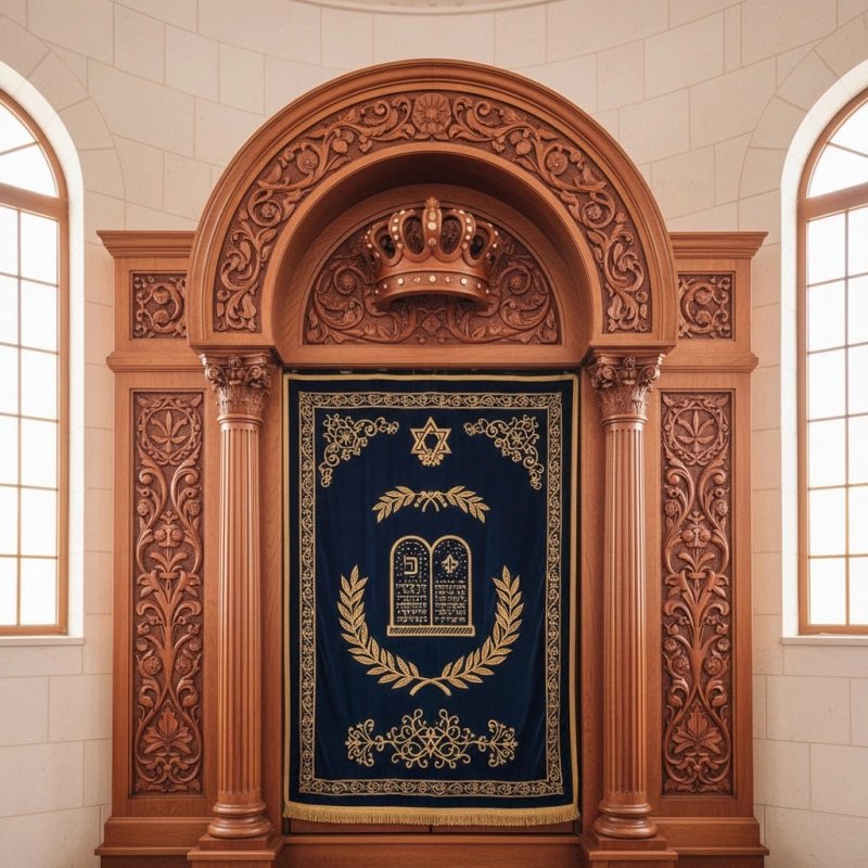 Premium Hardwood Aron Kodesh Synagogue Ark with Artisanal Carvings and Deep Blue Velvet Parochet for Sacred Spaces. Premium Hardwood Aron Kodesh Synagogue Ark with Artisanal Carvings and Deep Blue Velvet Parochet for Sacred Spaces.