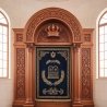 Premium Hardwood Aron Kodesh Synagogue Ark with Artisanal Carvings and Deep Blue Velvet Parochet for Sacred Spaces.
