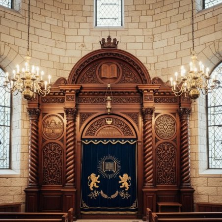 Handcrafted Aron Kodesh: Premium Wood Carvings, Velvet Parochet, Synagogue Furniture by Expert Manufacturers.