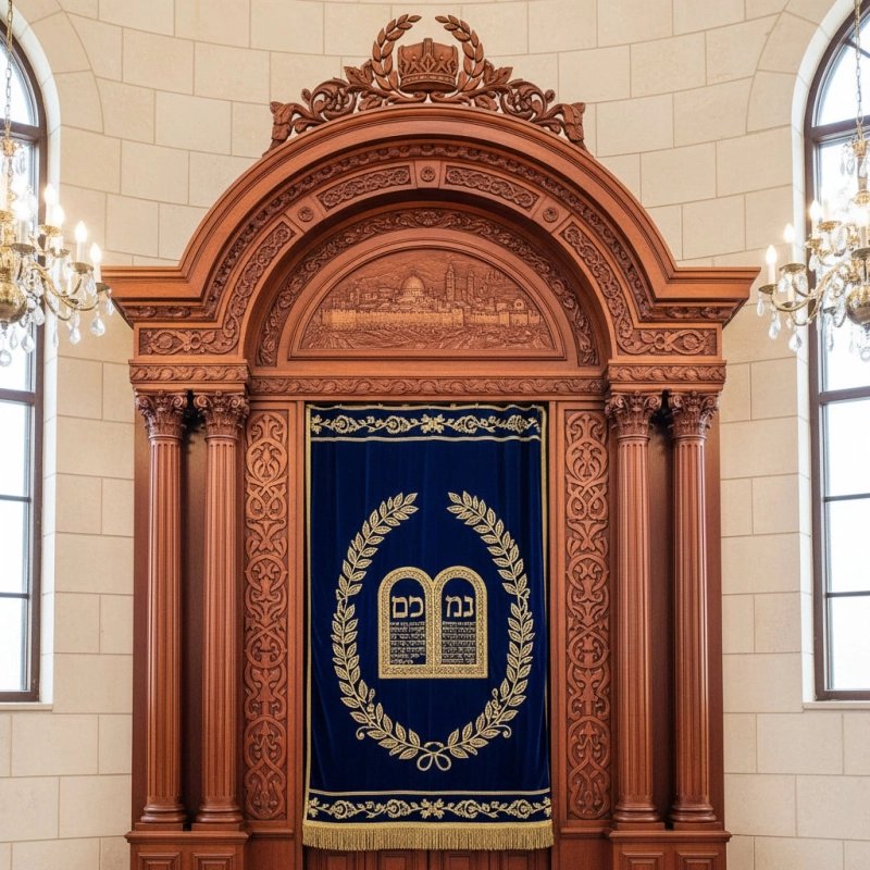 Exquisite hand-carved Aron Kodesh: Premium synagogue furniture, masterfully crafted for sacred Torah scrolls. Exquisite hand-carved Aron Kodesh: Premium synagogue furniture, masterfully crafted for sacred Torah scrolls.
