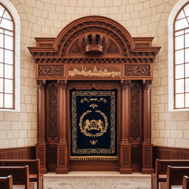 Grand Handcrafted Aron Kodesh: Ornate Synagogue Ark by Leading Furniture Manufacturer, showcasing superior production value.