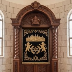 Exquisite Hand-Carved Wooden Aron Kodesh with Golden Menorah Embroidery, Premium Synagogue Furniture.
