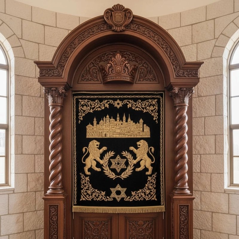 Exquisite Hand-Carved Wooden Aron Kodesh with Golden Menorah Embroidery, Premium Synagogue Furniture. Exquisite Hand-Carved Wooden Aron Kodesh with Golden Menorah Embroidery, Premium Synagogue Furniture.