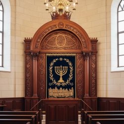 Aron Kodesh: Ornate hardwood craftsmanship with blue velvet and gold embroidery.