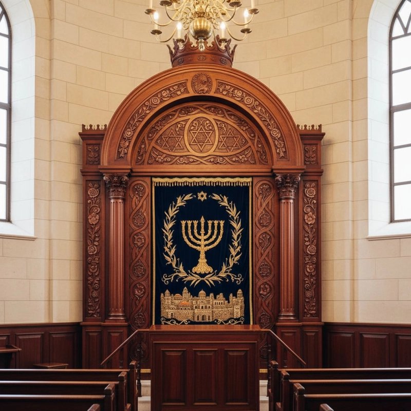 Aron Kodesh: Ornate hardwood craftsmanship with blue velvet and gold embroidery. Aron Kodesh: Ornate hardwood craftsmanship with blue velvet and gold embroidery.
