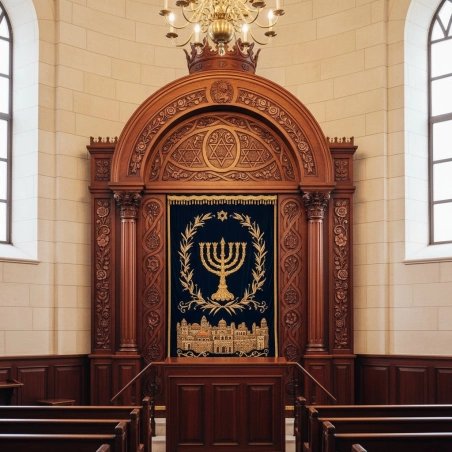Aron Kodesh: Ornate hardwood craftsmanship with blue velvet and gold embroidery.